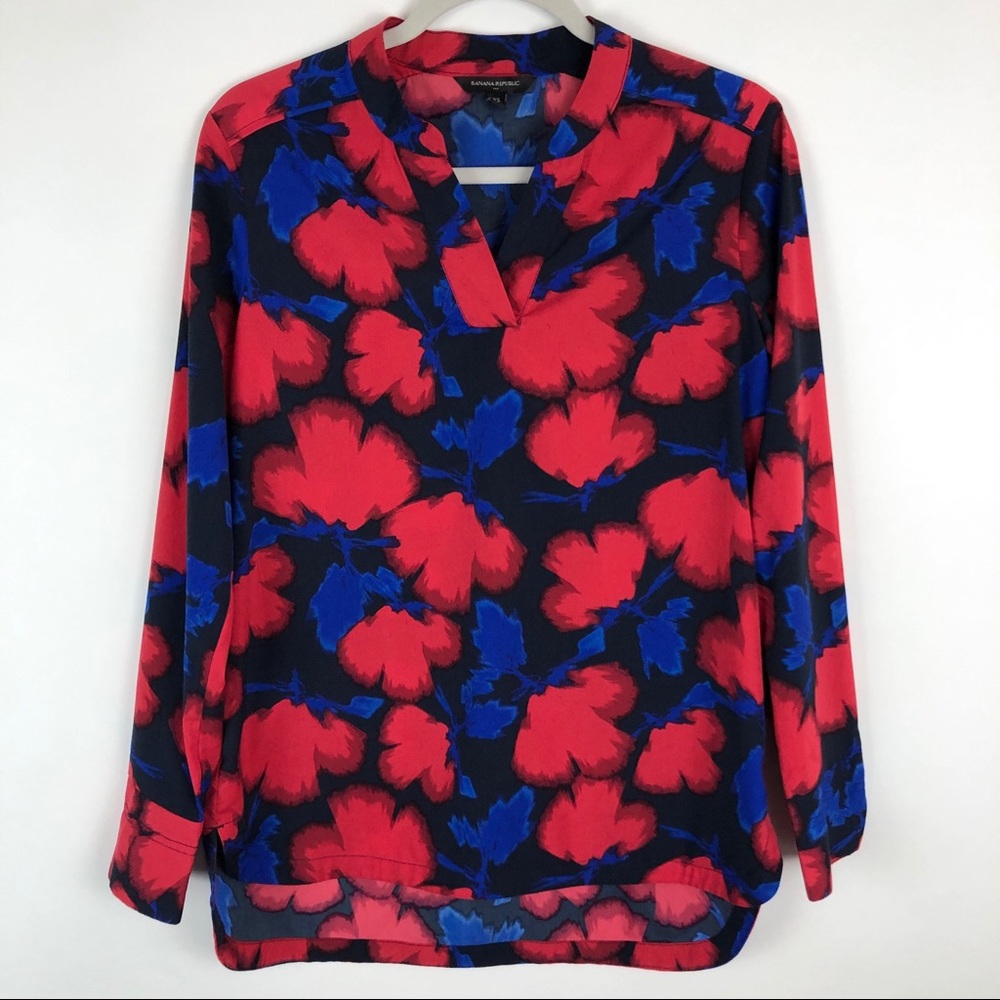 Banana Republic Red Blue Long Sleeve Floral Tunic